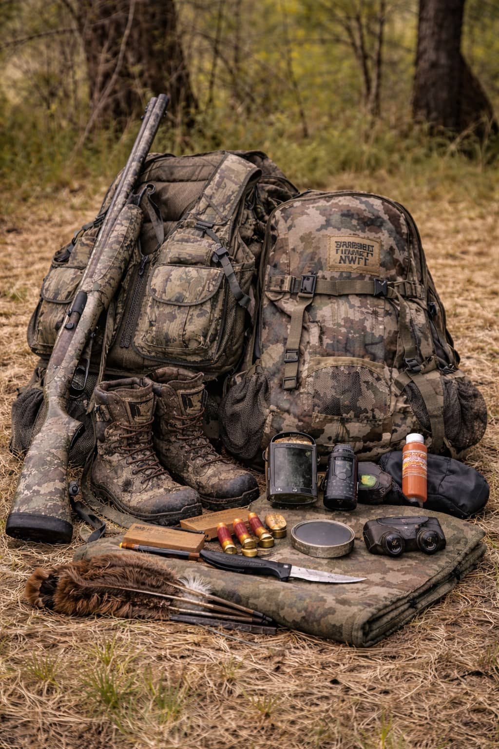 Camouflage hunting gear including two backpacks, rifle, boots, binoculars, and survival equipment arranged on the forest floor.