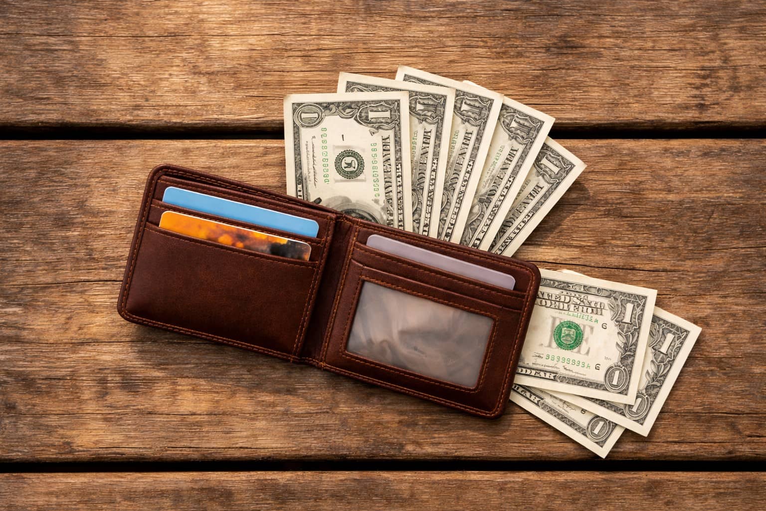 Brown leather wallet with credit cards and U.S. dollar bills on a wooden table.