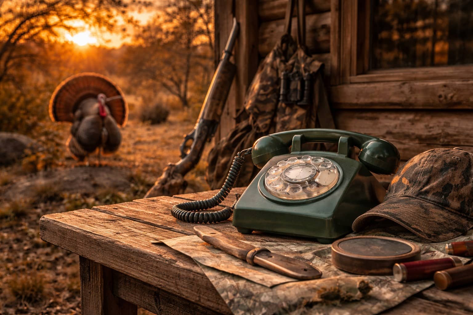 Vintage rotary telephone and hunting gear on a wooden table outside a rustic cabin at sunset, with a turkey in the background.